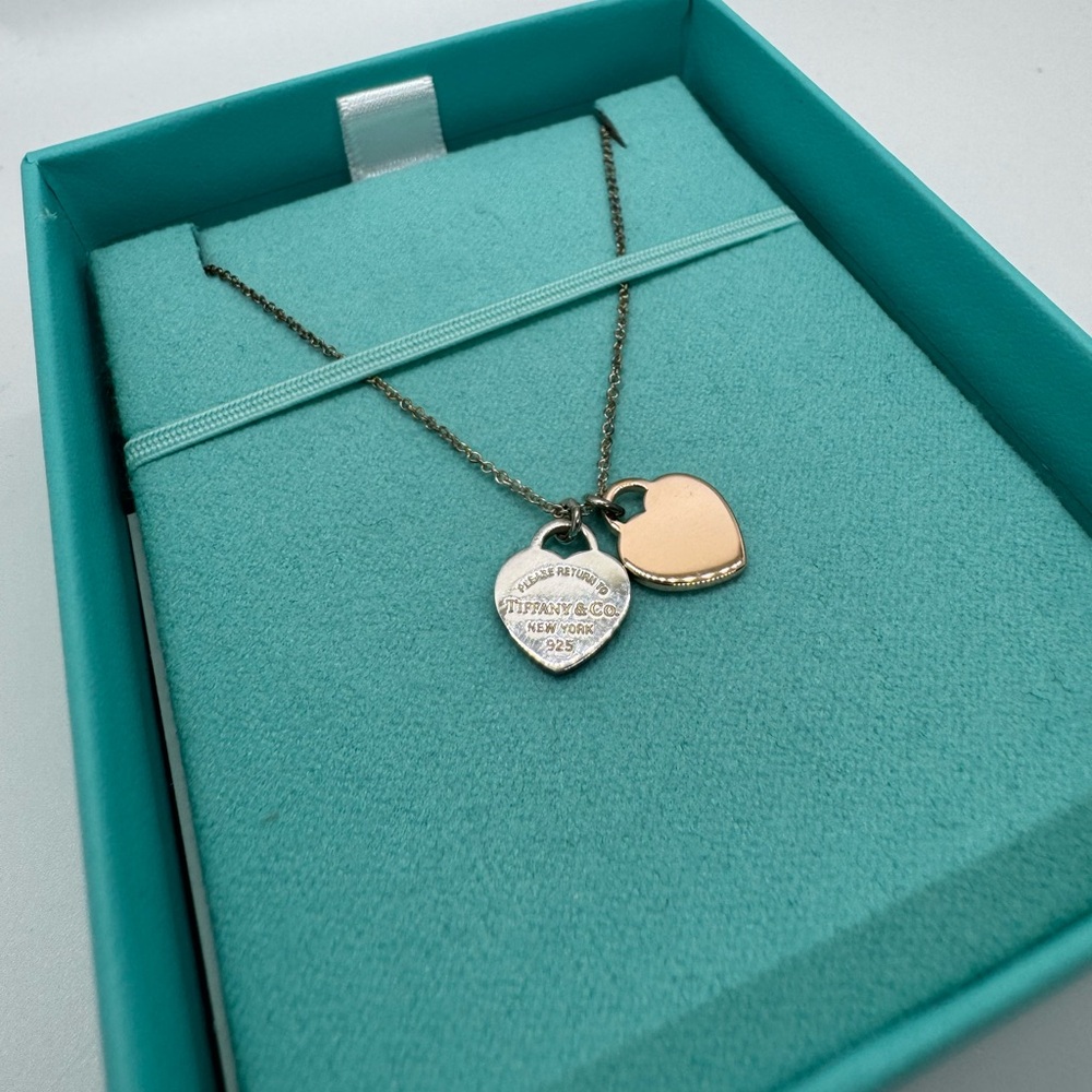 Tiffany & Co 18K Rose Gold Silver Mini Double Heart 16” Necklace + Gift Box, New